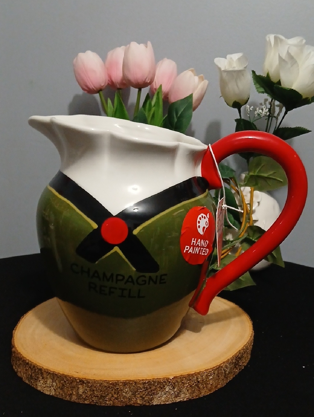 Hand-Painted 'Champagne Refill' Ceramic Pitcher - Olive Green & Red NWT